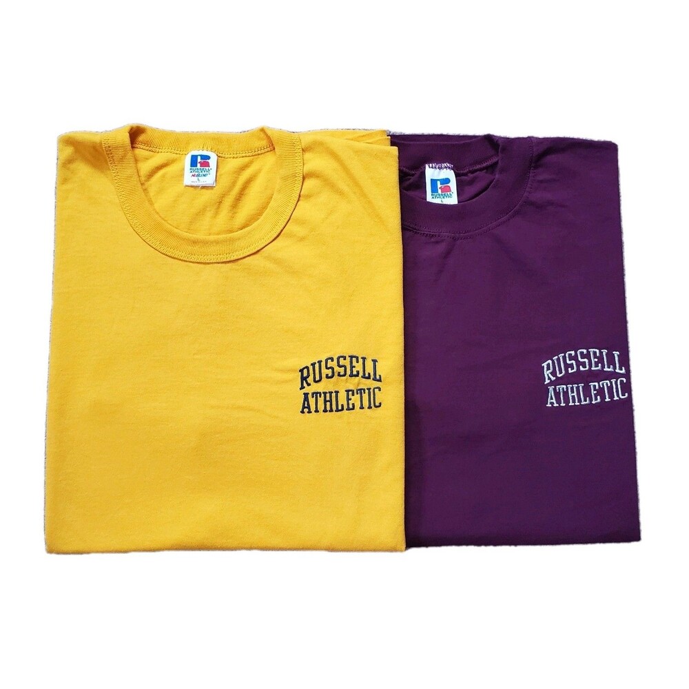 Lot Of 2 Vintage 90s Russell Athletic Large USA Made Embroidered Mens T-Shirts